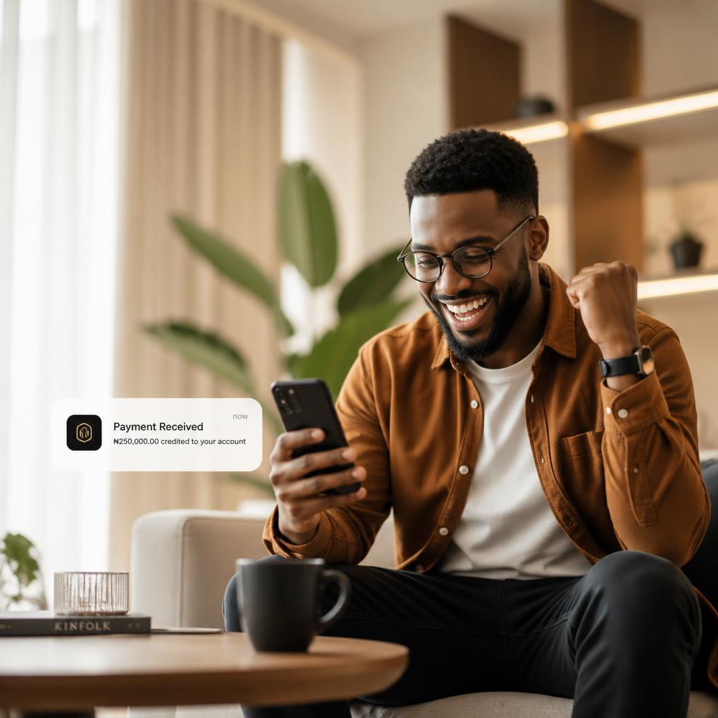Nigerian creator celebrating a payment alert from a client project