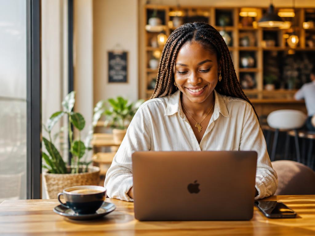 Nigerian freelancer working on client website projects from a laptop in a cafe