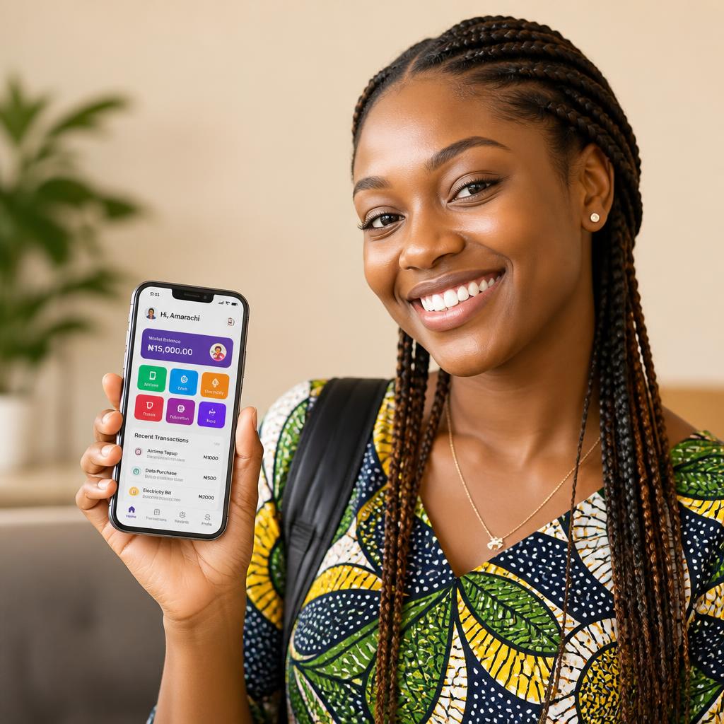 Smiling Nigerian student holding a smartphone showing an app she built