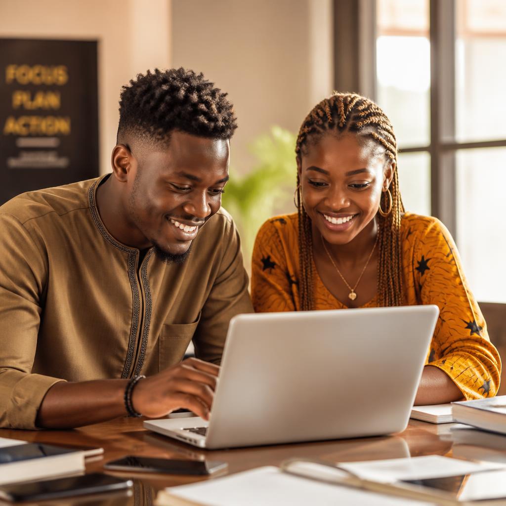 Two Nigerian students building a website app together on a laptop